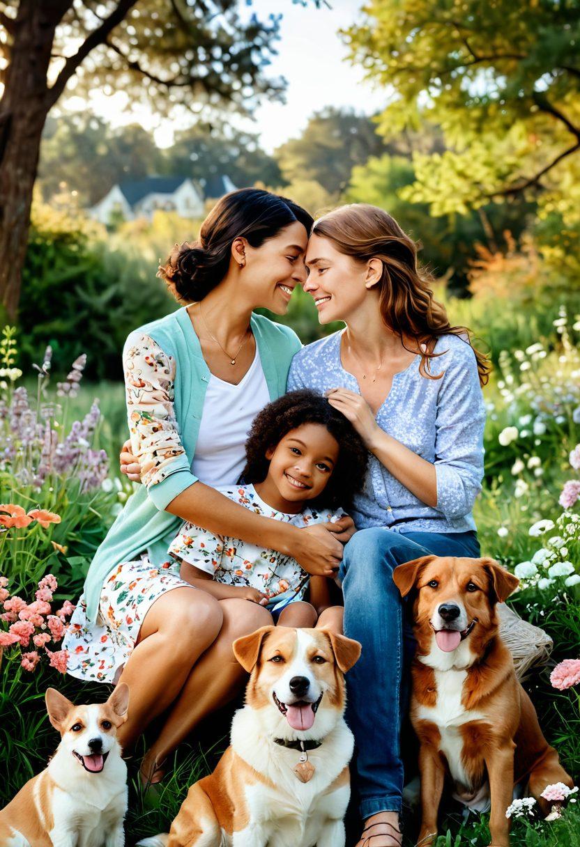A stunning collage of diverse, affectionate moments capturing family, friends, and pets enjoying life together in nature, surrounded by soft pastel colors and gentle light. The scenes include laughter, hugs, and playful activities, evoking warmth and togetherness, layered with floral patterns and heart motifs. super-realistic. vibrant colors. soft focus.