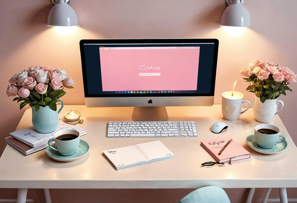 A cozy digital workspace featuring a beautifully designed desktop with romantic elements, such as soft pastel backgrounds, heart-shaped icons, and warm ambient lighting. Include a steaming cup of coffee and a small vase of flowers on the desk to evoke a sense of affection. A couple of love letters peeking out from under the keyboard adds a personal touch. super-realistic. soft colors. warm lighting.
