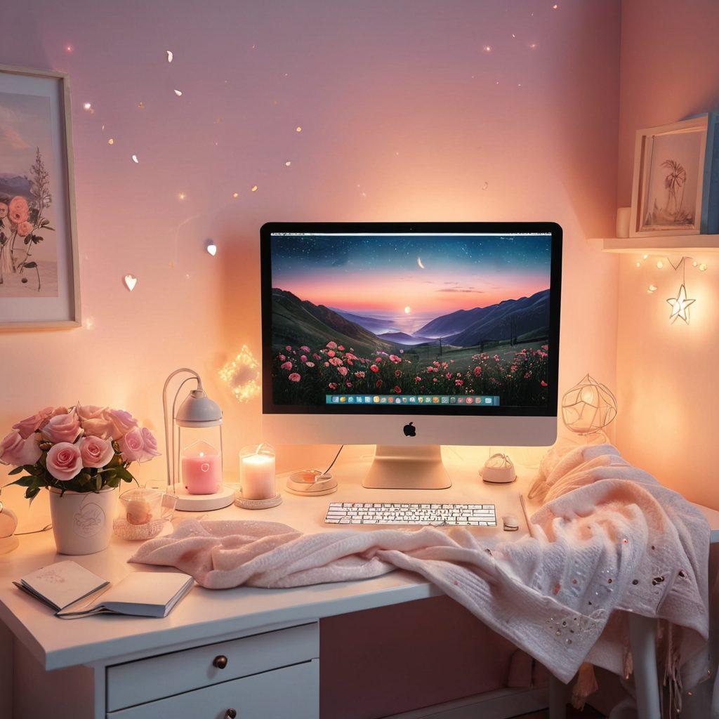 A beautifully designed desktop setup featuring a romantic theme with soft pastel colors, a heart-shaped desk lamp, and elements like roses, candles, and a cozy blanket. The computer screen displays an enchanting landscape with twinkling stars and a dreamy moon. The overall atmosphere is warm and inviting, encouraging creativity and passion. super-realistic. vibrant colors. cozy ambiance.